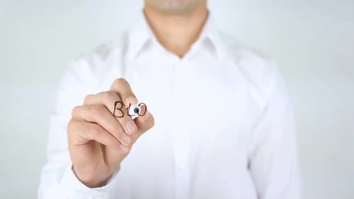 Man Writing Blog Your Life on Clear Surface