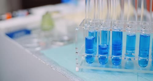 Macro View of Blue Liquid in Test Tubes