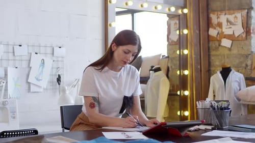 Young Female Designer Drawing Fashion Sketch in Sewing Workshop