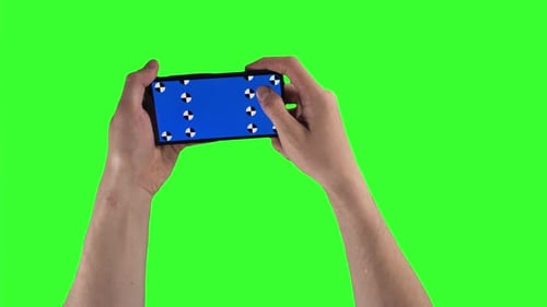 Man is Holding Smartphone By Two Hands and Swiping Up on Display with Tracking Points on Greenscreen