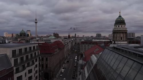 AERIAL: Beautiful Scenic View Over Berlin Mitte Right Before Sunset