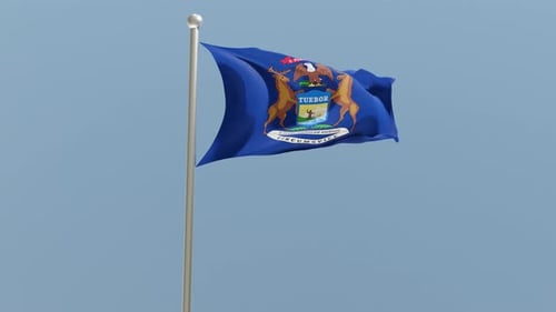 Michigan State Flag Waving on Flagpole with Clear Blue Sky