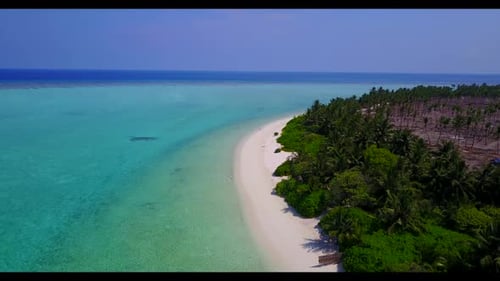Aerial drone tourism of tropical sea view beach trip by blue sea and white sandy background of a day