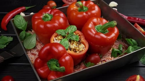 Gefüllte rote Paprika mit Reiszwiebeln auf schwarzem Steinhintergrund
