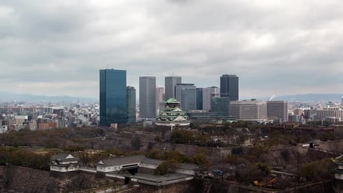 Osaka Castle Skyscrapers Background Timelapse