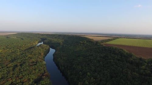 Small River, Autumn Forest, Plowed Field Aerial View. Autumn Landscape