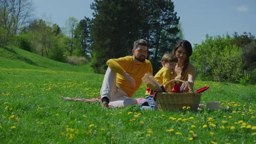 Happy Family Picnic on a Sunny Spring Day