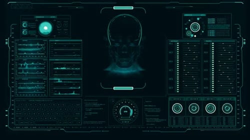 Futuristic Medical Diagnostic HUD with X-Ray Skull Scan