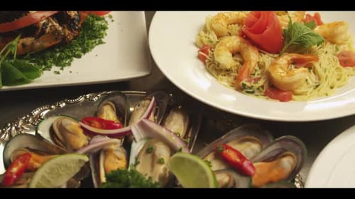 Variety of Delicious Prepared Seafood Dishes