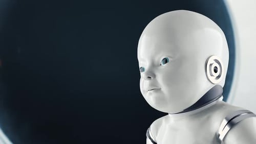Futuristic Baby Robot Blinking Eyes Close Up