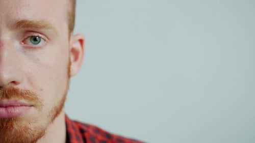 Portrait of Good-Looking Bearded Young Man Half Face on Grey-Blue Background