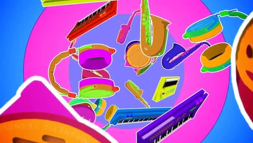 Vibrant Abstract Music Instruments Floating and Kaleidoscope Animation