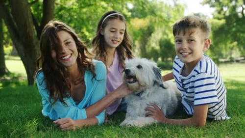 Family playing with their dog in the park