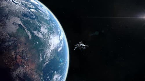 Futuristic Spaceship Flying Past Planet Earth in Space