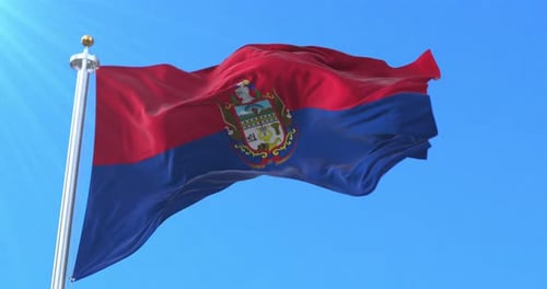 Animated Flag Waving with Coat of Arms in Blue Sky