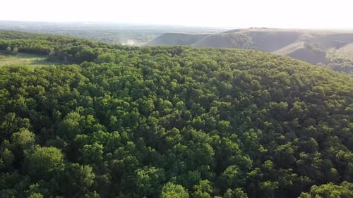 Flying a drone over wild green rain forest, hills in the sunshine. Aerial view of picturesque nature