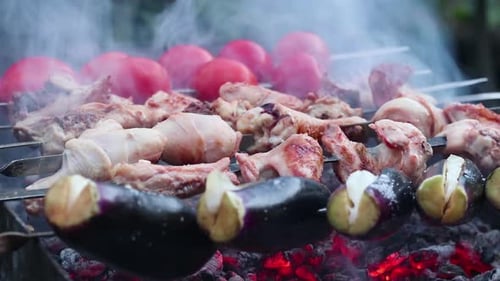 Meat and Vegetables Cooking on Grill