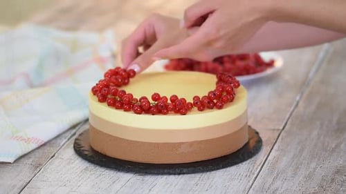 Woman Decorates Three-Layer Cake with Red Currants