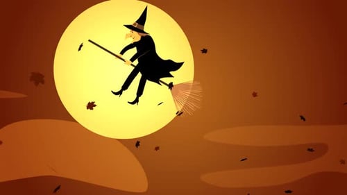 Flying Witch on Broomstick with Bats and Moon for Halloween