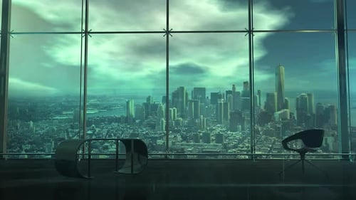 Office With Large Windows And Views Of The Metropolis 4K