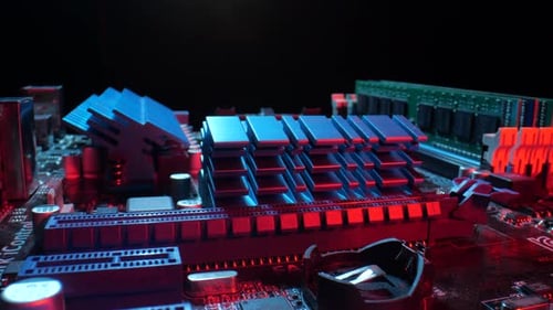 Computer Motherboard with Dramatic Red and Blue Lights