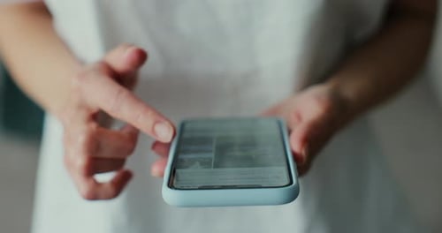 Close Up Hands Young Woman Using Smartphone