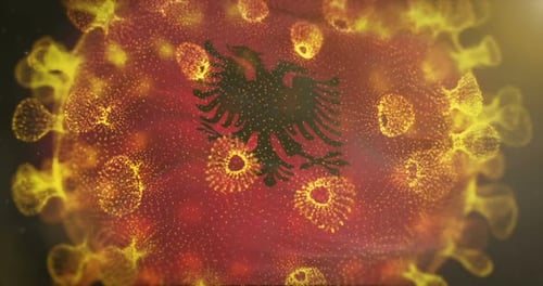 Albania Flag With Coronavirus Microbe Centered