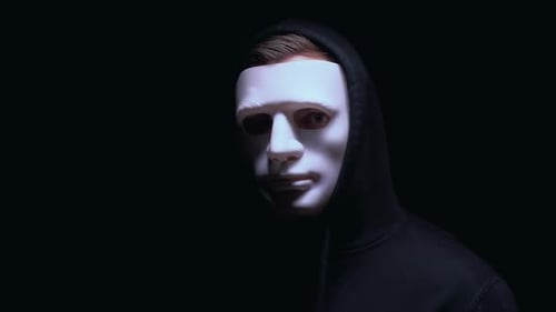 Anonymous Man in Mask Looking Into Camera, Act of Terrorism Attack, Close-Up
