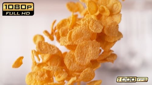 Crisp Corn Flakes Floating in Kitchen