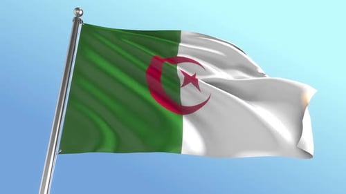Algerian Flag Waving on Flagpole Against Blue Sky
