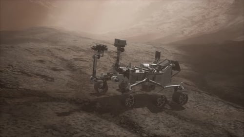 3D Animation of a Mars Rover Exploring a Red Planet Landscape
