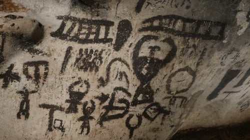 RABISHA, BULGARIA - OCTOBER 16, 2017 Detailed 7000 years old prehistoric wall paintings of Magur