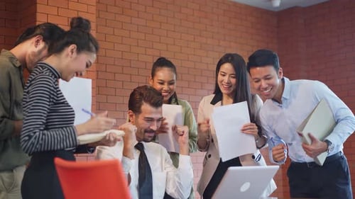 Group of diversity business working people in office meeting room feeling happy of achievements.