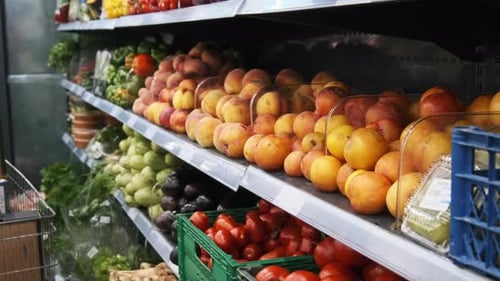 Fresh Fruits and Vegetables on Supermarket Shelves
