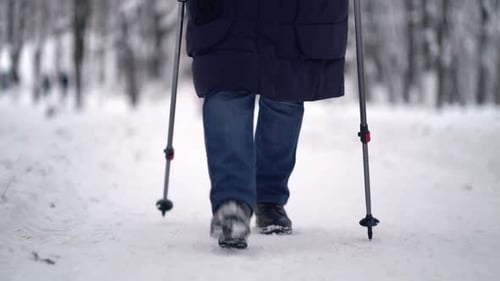 Person Walking with Ski Poles in Winter Snow