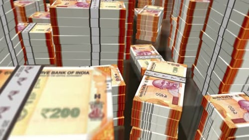 3d flight over the Indian rupee money banknote packs loop animation