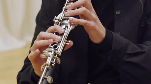 The Girl Plays the Clarinet. Clarinet Close-up.