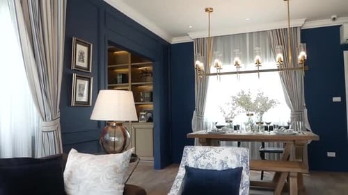 Comfortable Home Interior with Dark Blue Decor