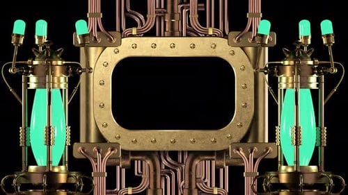 Futuristic Steampunk Metal Panel Reveal with Glowing Liquid