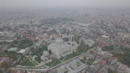 Aerial footage of Suleymaniye Mosque from a foggy day
