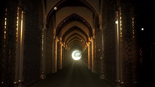Golden Islamic Archway Corridor with Glowing Crescent Moon and Star