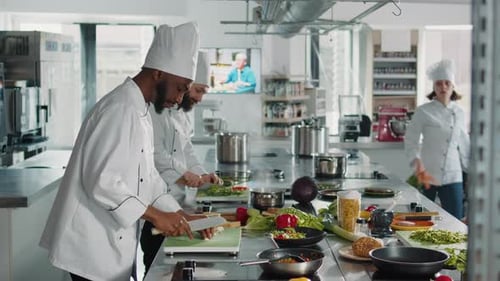 Chefs Preparing Food in Professional Kitchen