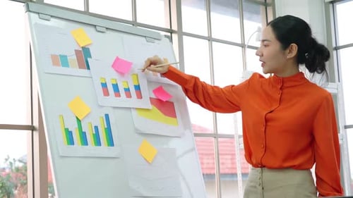 Young Woman Explains Business Data on White Board