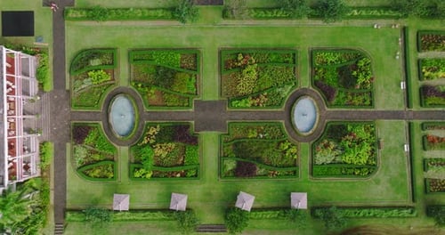 Aerial View of Decorative Formal Garden with Fountains