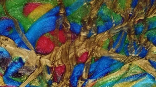 Abstract Swirling Paint Background with Blue, Green, Red, Gold