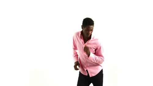 Man Dancing in Pink Shirt on White Background