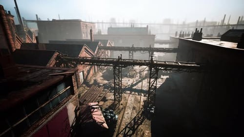 Abandoned Factory with Concrete Ruins in Industrial District