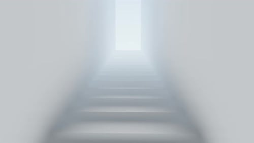 Minimalist White Staircase Leading to Bright Light Tunnel