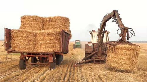Traktor mit Gabelgreifer, zusammenklappbare Heublöcke.