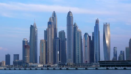 Marina Waterfront Skyscraper Skyline, Dubai Cityscape, Time Lapse